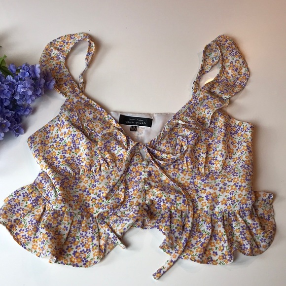 BLUE BLUSH FLORAL TOP WITH BUTTONS, TIE & RUFFLE M - Picture 13 of 16